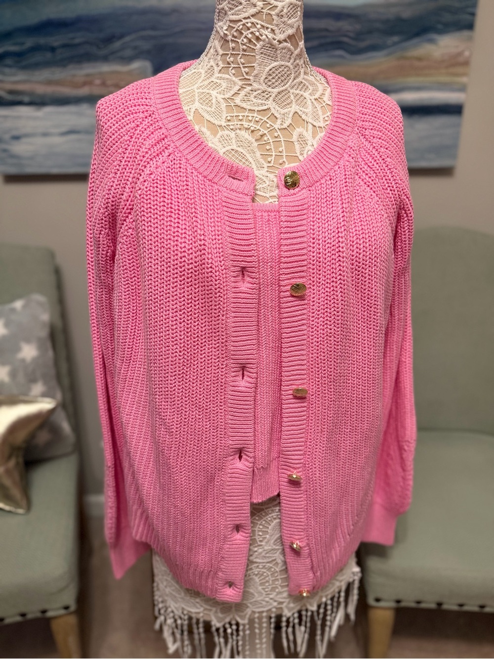 Lilly Pulitzer Women’s Pink Button-Front Knit Sweater Cardigan and tank
